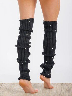 Black Pearl Embellished Ribbed Knit Leg Warmers One Size Coquette Y2K Balletcore